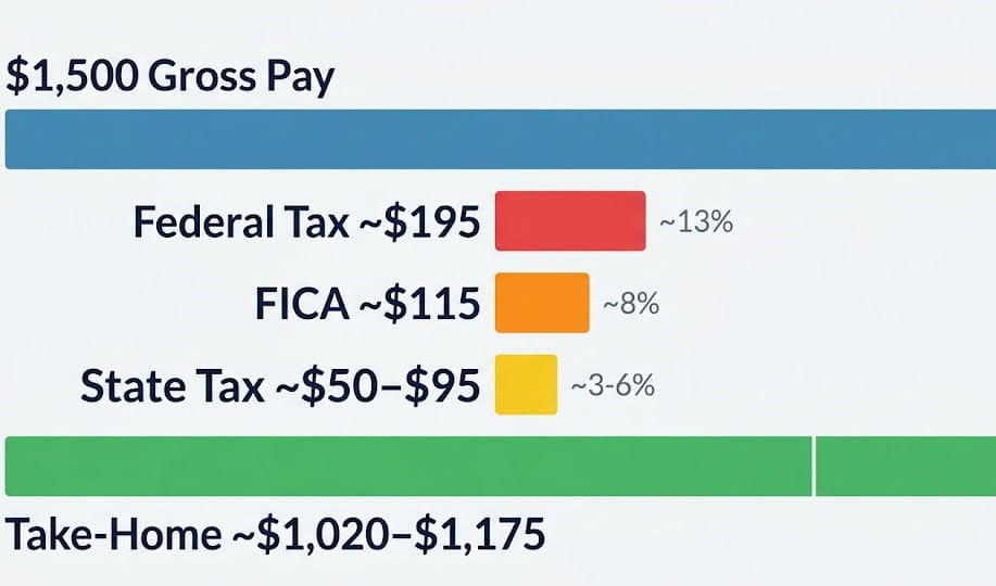 1500 a week after tax – illustration showing federal tax, FICA, and state tax deductions from gross weekly pay