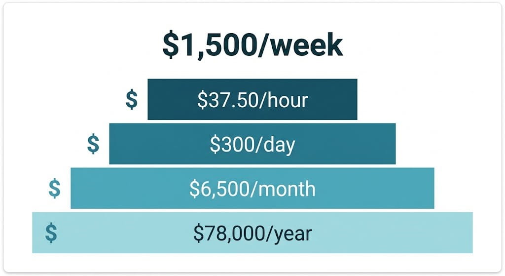 $1500 a Week is How Much an Hour – complete salary breakdown chart showing hourly, daily, weekly, monthly, and annual figures