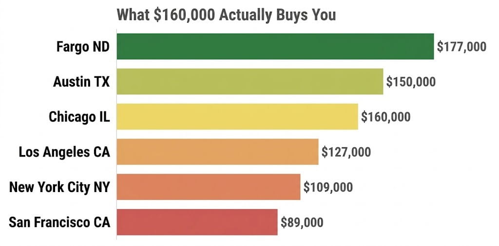 160000 dollar salary purchasing power comparison by US city