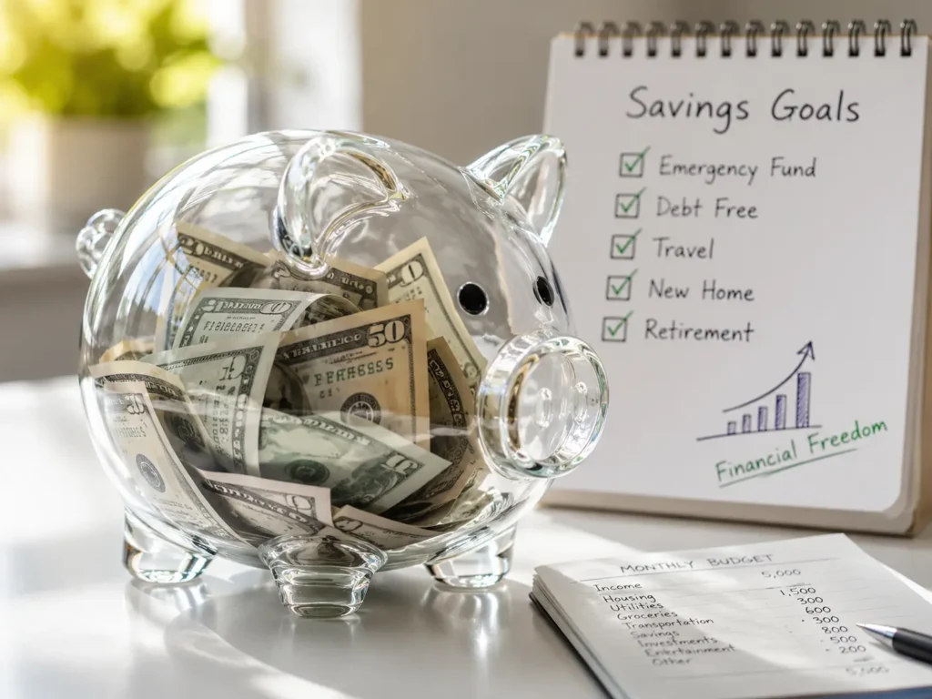 Glass piggy bank with dollar bills illustrating savings goals from a fifty-nine dollars an hour income