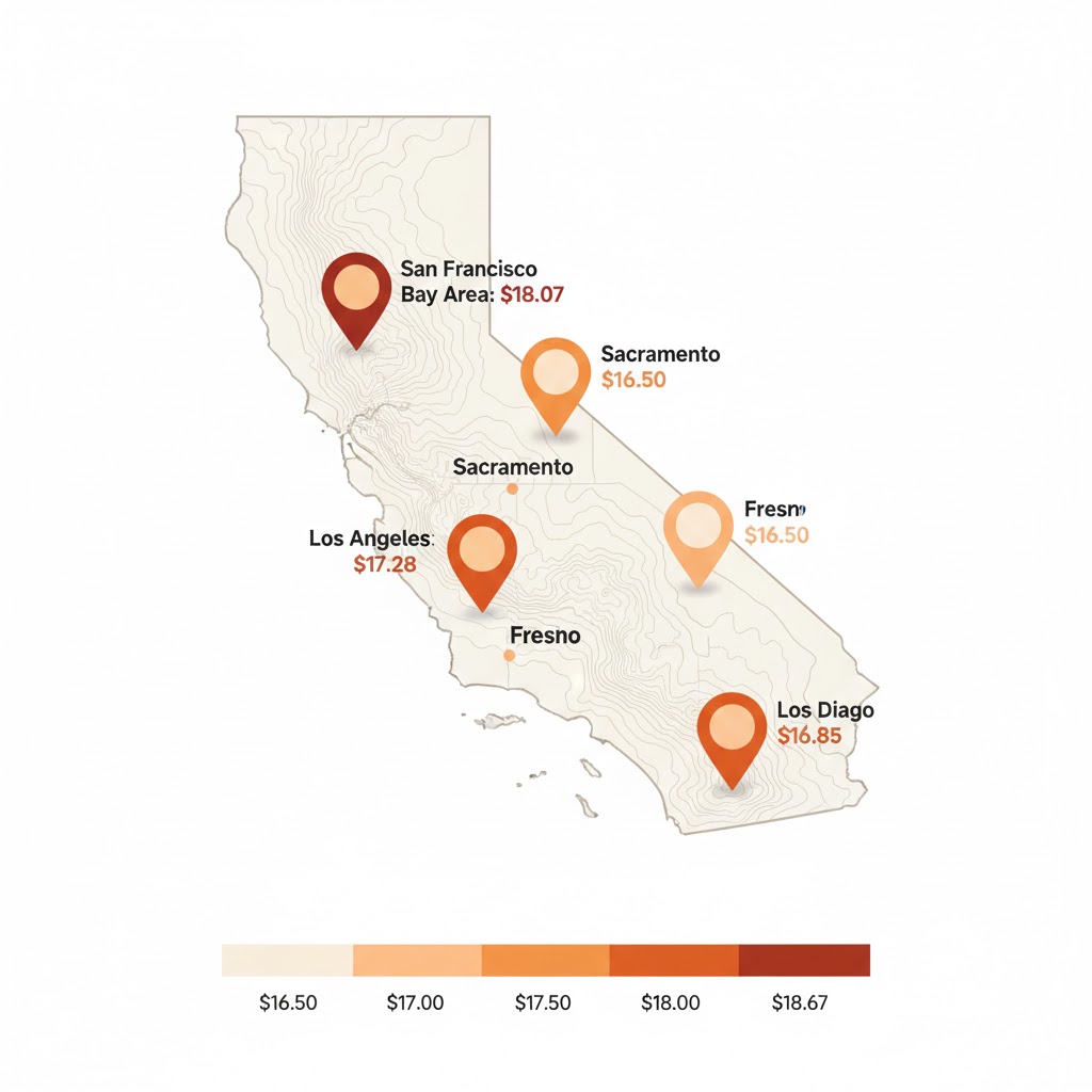 California minimum wage map for hourly to salary calculator showing rates by city from $16.50 to $18.67 per hour