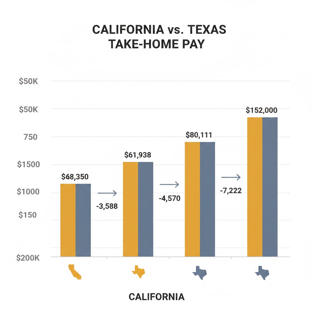 California hourly to salary calculator results compared to Texas showing take-home pay differences at various income levels