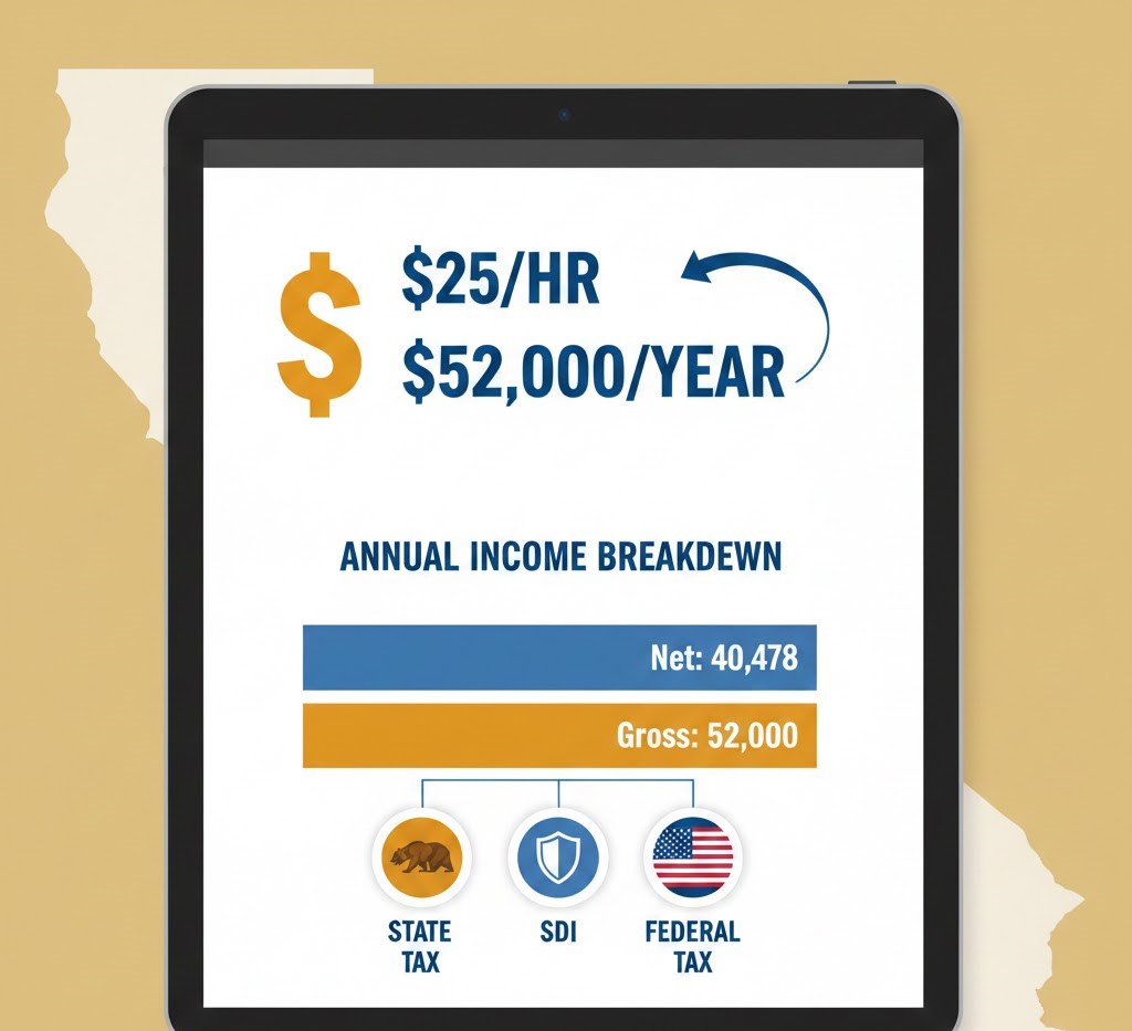 Hourly to salary calculator California showing conversion from hourly wage to annual salary with state tax and SDI deductions