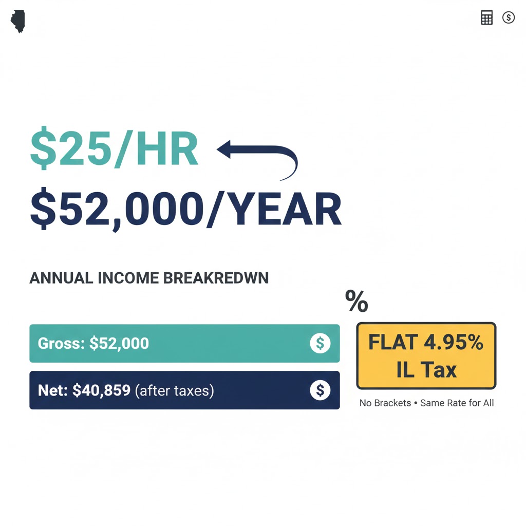 Hourly to salary calculator Illinois showing conversion from $25 per hour to $52,000 annual salary with flat 4.95% state tax and federal deductions
