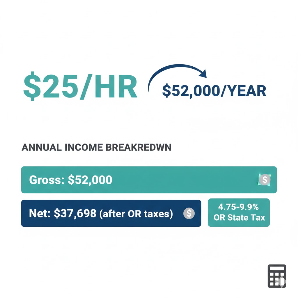 Hourly to salary calculator Oregon showing conversion from $25 per hour to $52,000 annual salary with state tax and Paid Leave deductions