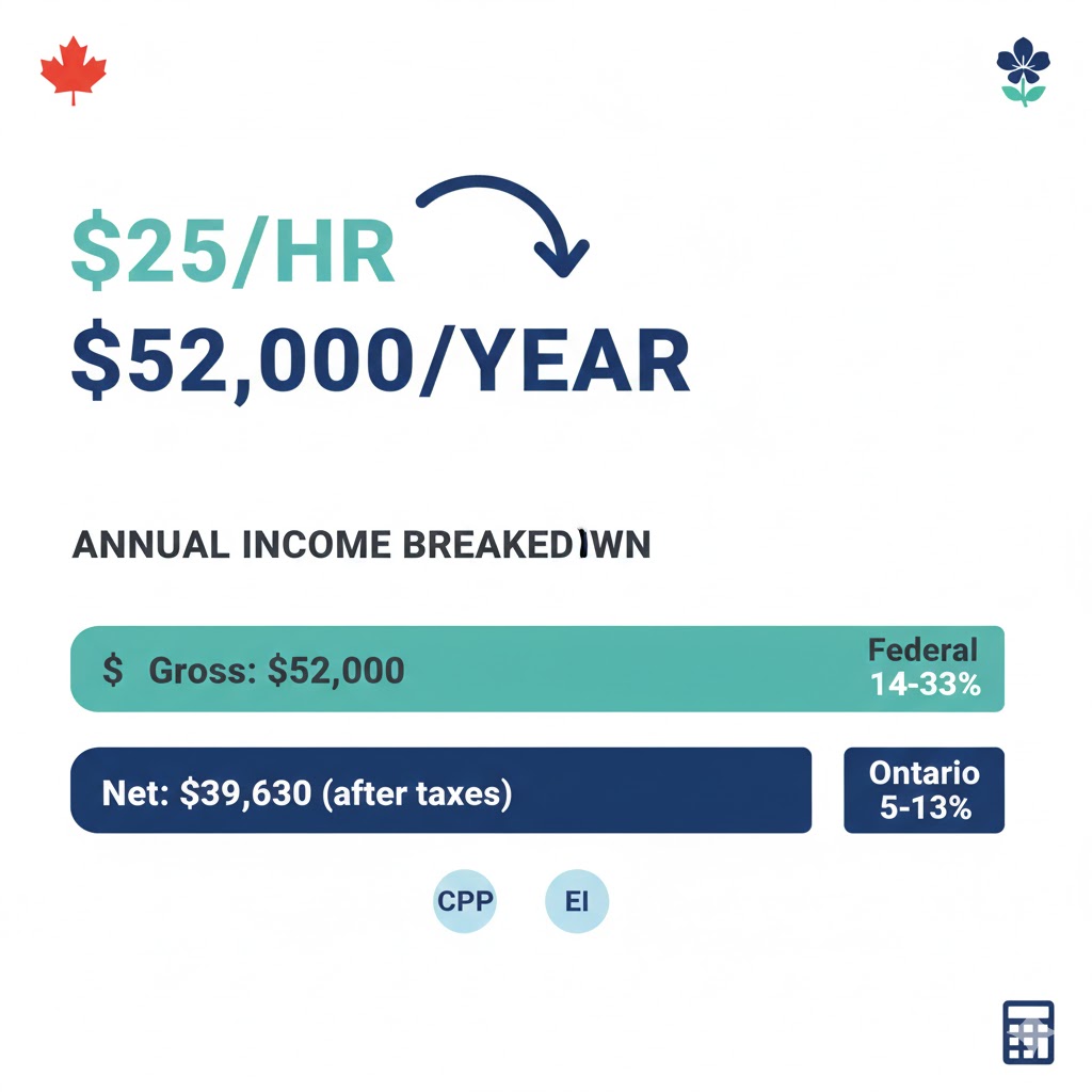 Hourly to yearly salary calculator Ontario showing conversion from $25 per hour to $52,000 annual salary with federal and provincial tax deductions