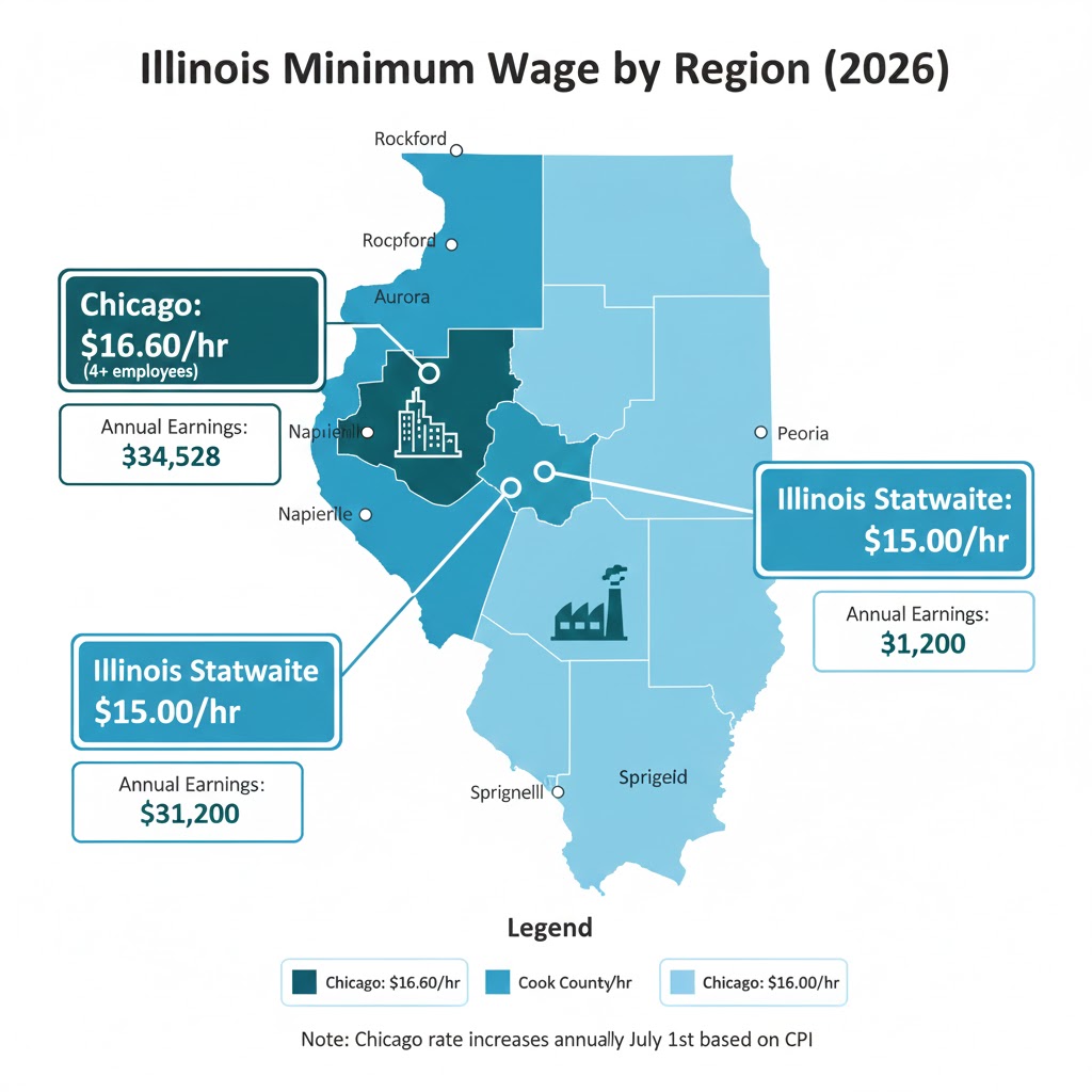 Illinois hourly to salary calculator showing minimum wage rates: Chicago $16.60, Cook County $15.00, and Illinois statewide $15.00 per hour
