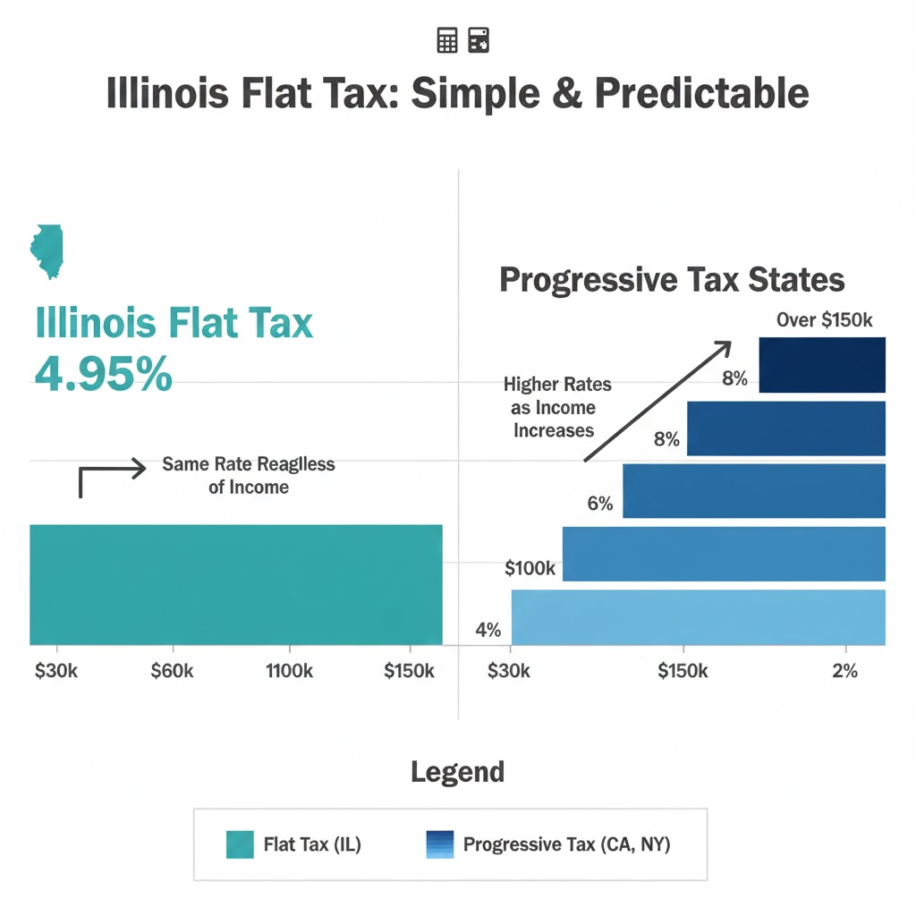 Illinois hourly to salary calculator showing flat 4.95% tax rate compared to progressive tax states with multiple brackets