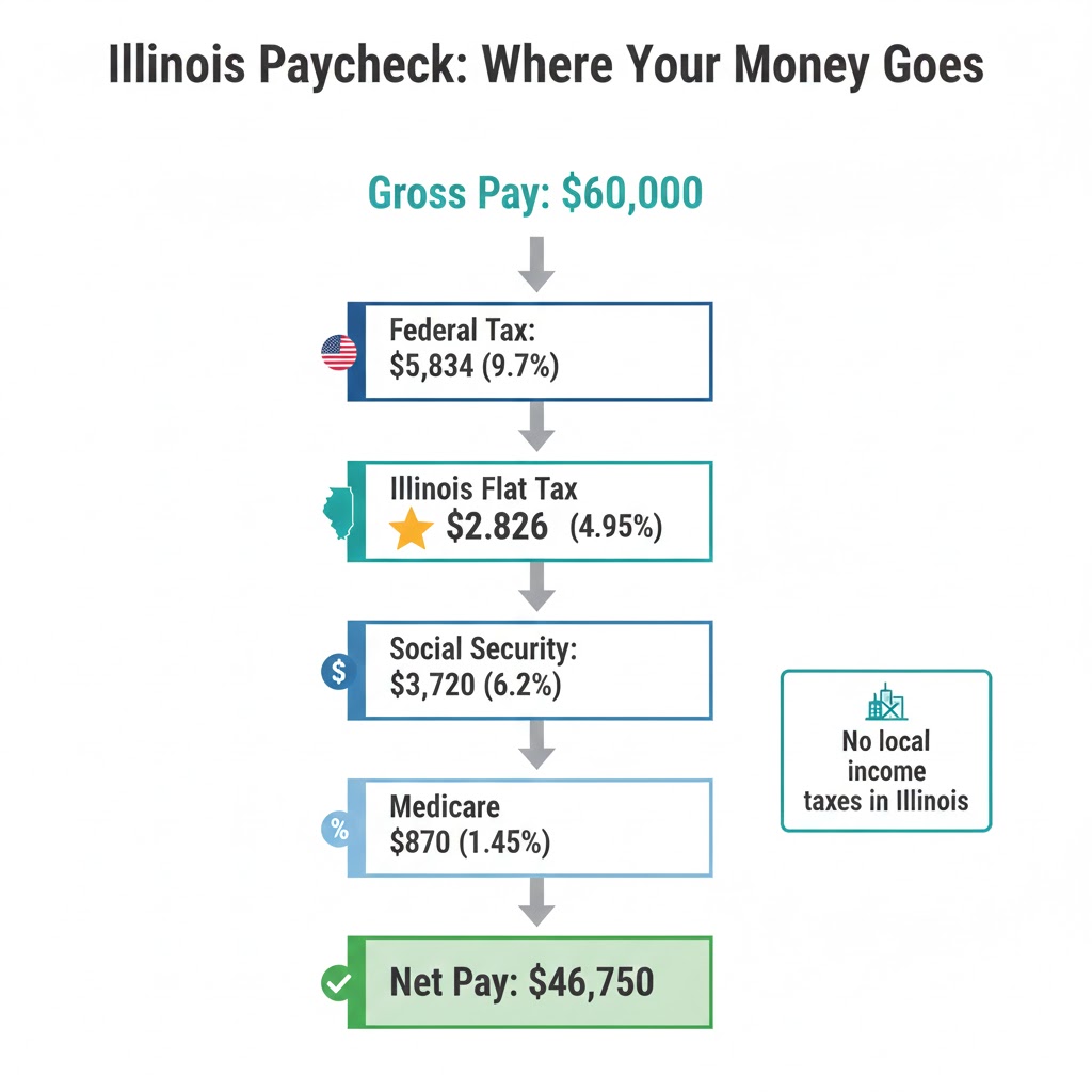 Illinois salary calculator showing typical paycheck deductions: federal tax, Illinois flat 4.95% tax, Social Security and Medicare