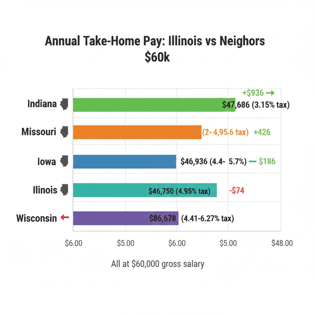 Illinois hourly to salary calculator comparison showing take-home pay differences versus Indiana, Wisconsin, Iowa and Missouri at $60,000 salary