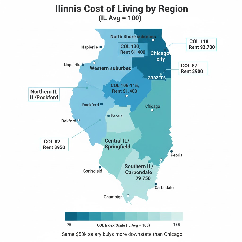 Illinois salary calculator showing cost of living index by region: Chicago 118, suburbs 105-130, Springfield 87, Rockford 82, Southern Illinois 79