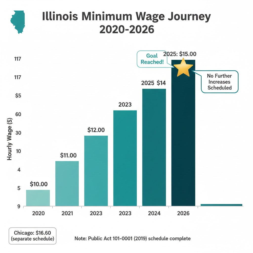 Illinois hourly to salary calculator showing minimum wage increases from $10.00 in 2020 to $15.00 in 2025 with no change in 2026