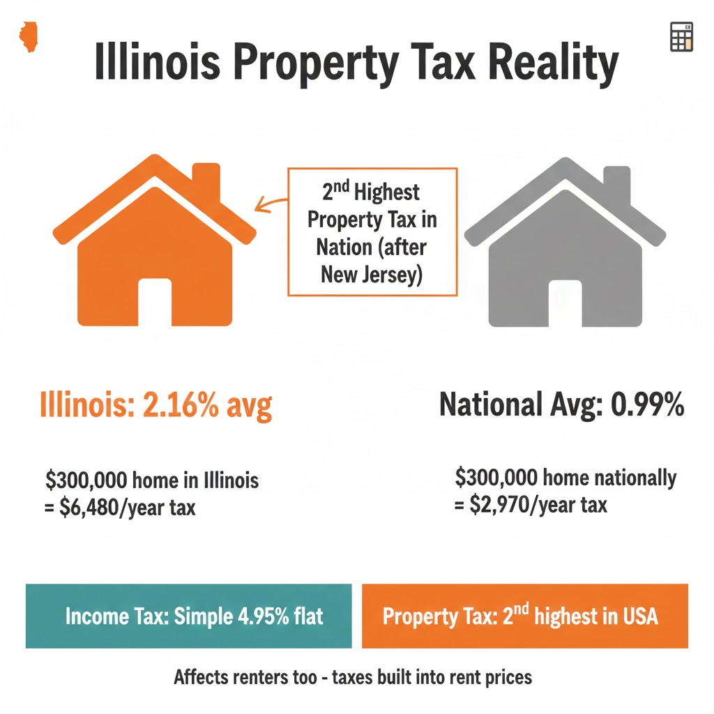 Illinois hourly to salary calculator showing property tax rates compared to national average: Illinois 2.16% vs USA 0.99%