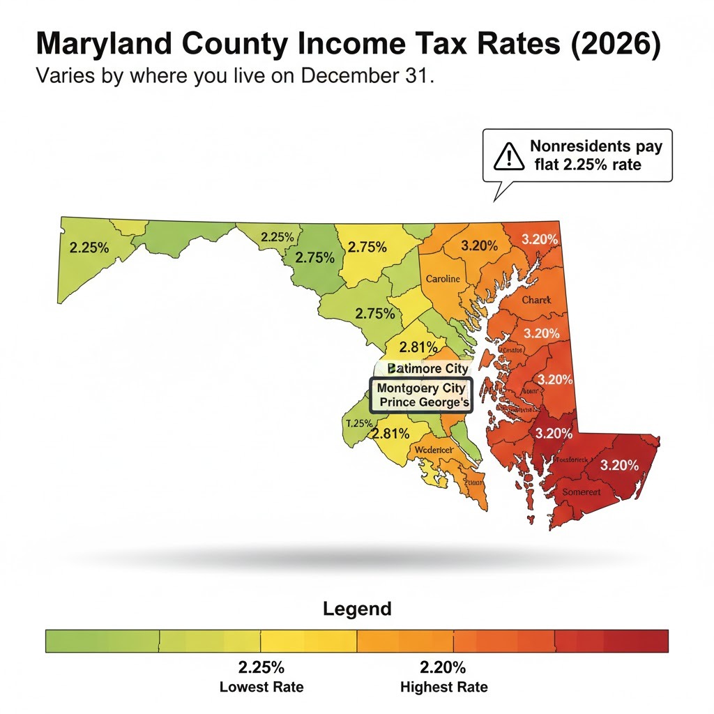 Interactive Maryland map showing local income tax rates by county ranging from 2.25% to 3.20% with Baltimore City, Montgomery, and Howard counties highlighted