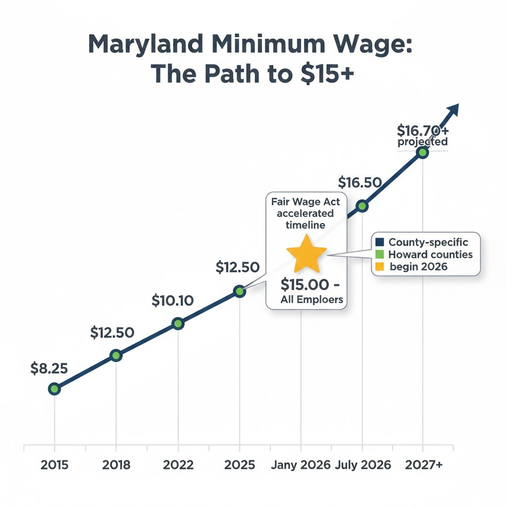 Timeline showing Maryland minimum wage increases from $8.25 in 2015 to $15.00 in 2025 and projected $15.50-$16.00 in 2026 for select counties