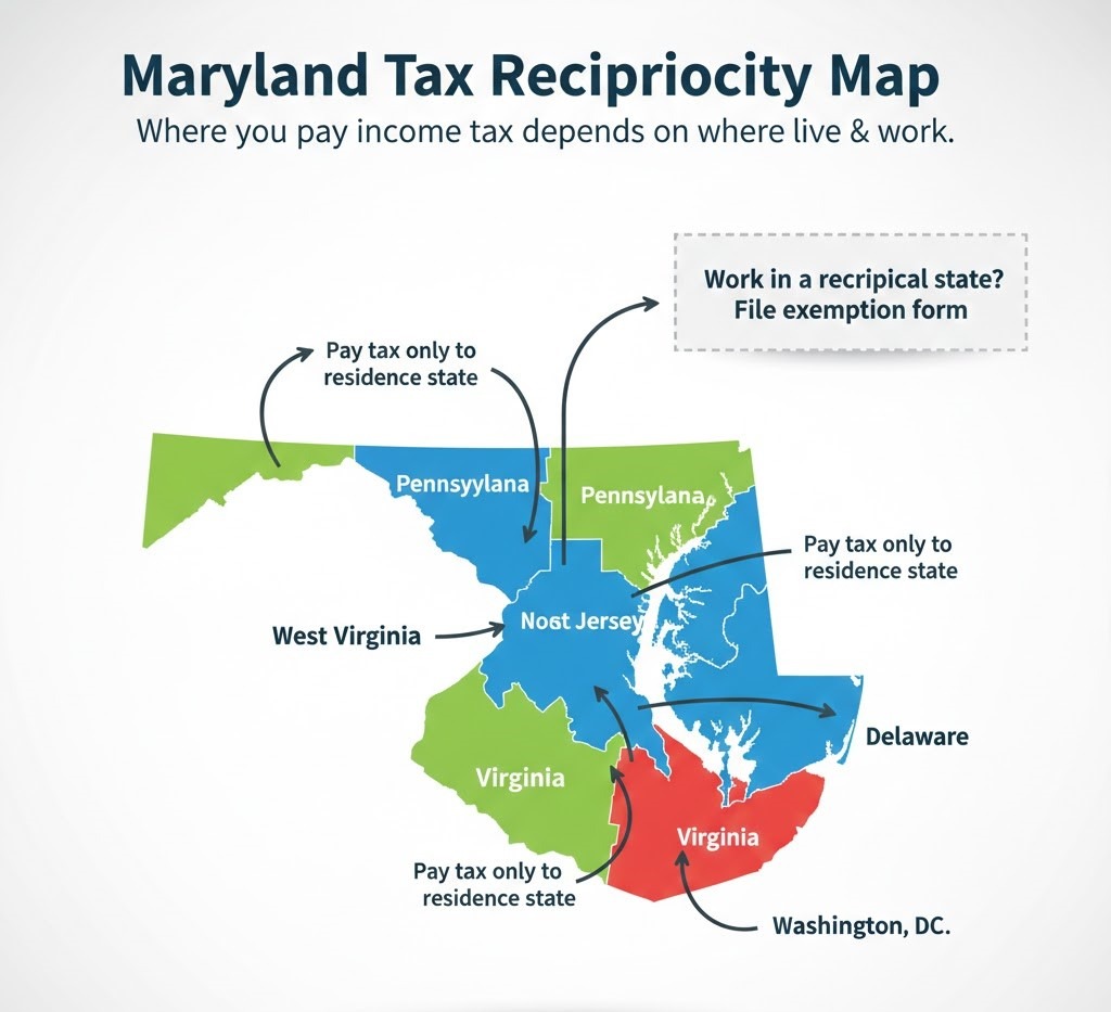 Map showing Maryland's reciprocal tax agreements with Pennsylvania, Virginia, West Virginia, and Washington DC for cross-border workers