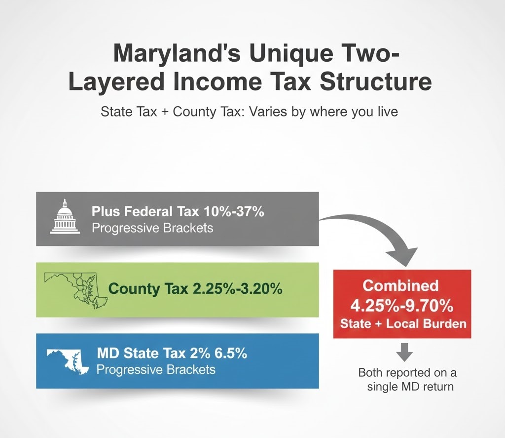 hourly to salary calculator Maryland two-layer income tax system showing state progressive tax rates 2-6.5% and county tax rates 2.25-3.20% for all 23 counties plus Baltimore City