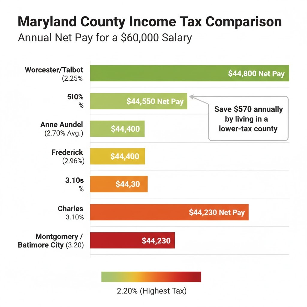 Comparison chart showing annual take-home pay for $60,000 salary across different Maryland counties based on local tax rates from 2.25% to 3.20%