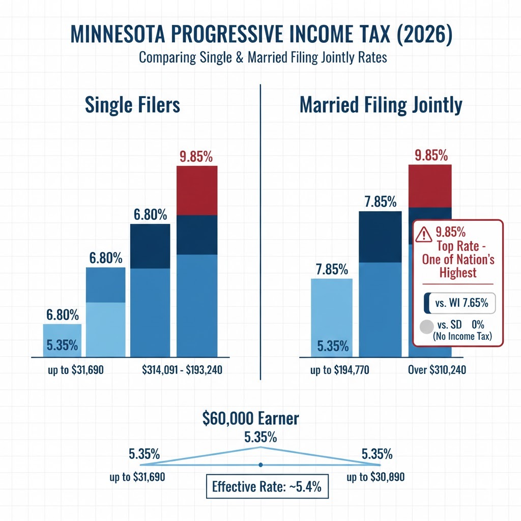 Hourly to Salary Calculator Minnesota progressive income tax brackets showing four rates from 5.35% to 9.85% for single and married filers with income thresholds for 2025