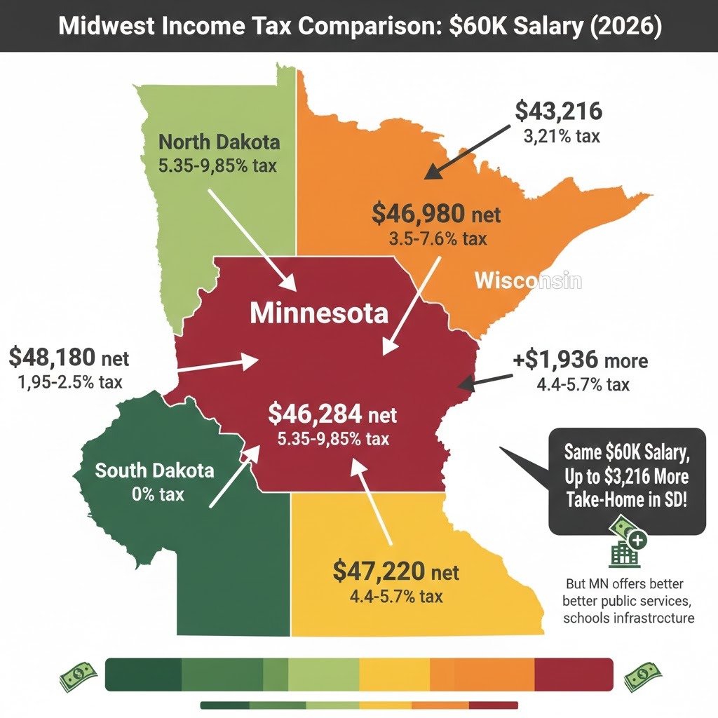 Map comparing $60,000 salary take-home pay in Minnesota versus Wisconsin, Iowa, North Dakota, and South Dakota showing MN has lowest take-home due to 9.85% top tax rate