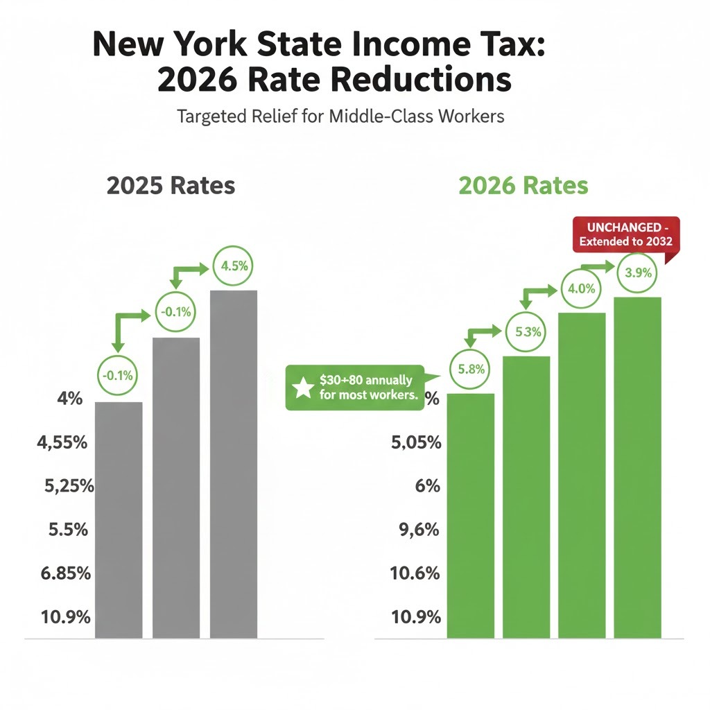 Comparison chart showing 2025 vs 2026 New York State income tax brackets with middle-class rate reductions highlighted