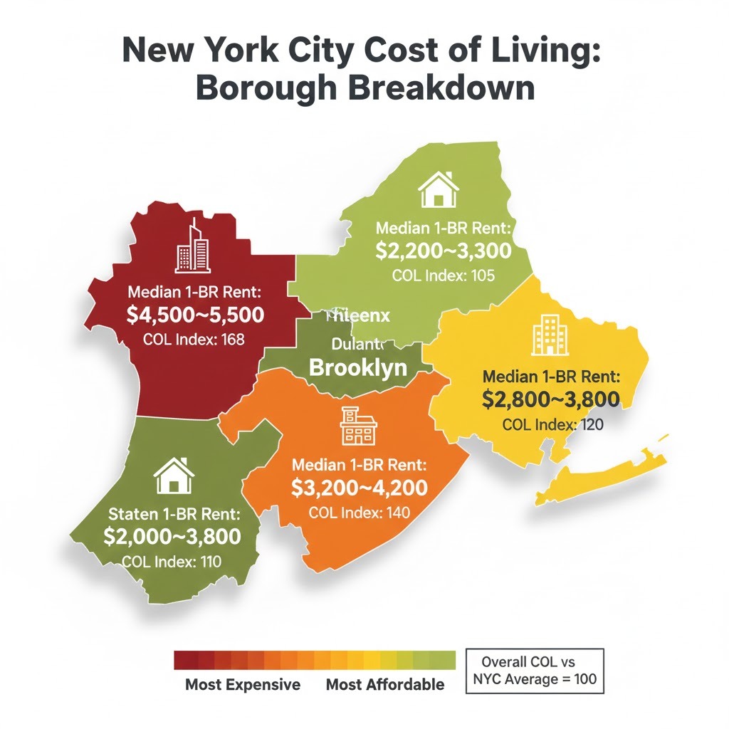 New York City map showing cost of living index and median rent by borough - Manhattan, Brooklyn, Queens, Bronx, Staten Island