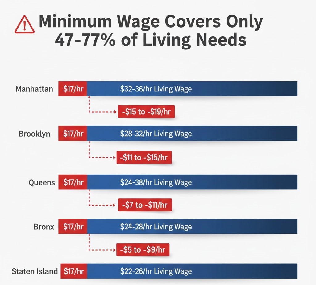 Chart showing gap between NYC minimum wage of $17/hour and actual living wage requirements of $22-36/hour by borough