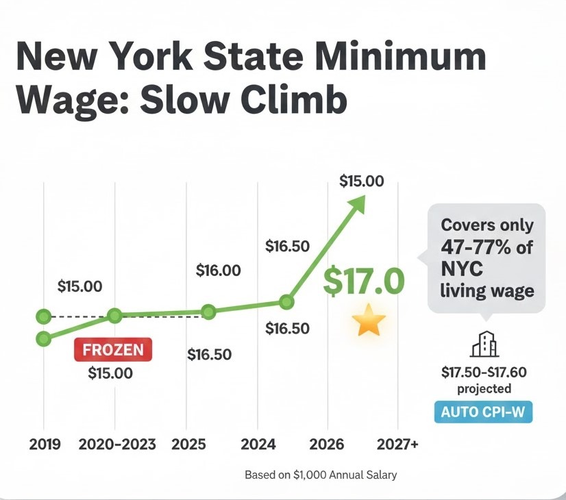 Timeline showing NYC minimum wage increases from $15.00 in 2019 to $17.00 in 2026 with automatic inflation adjustments starting 2027