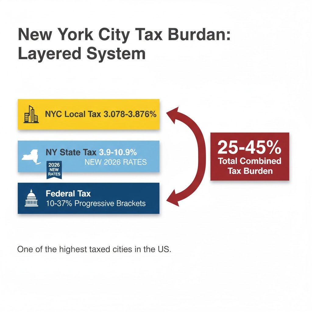  hourly to salary calculator NYC triple-layer tax system showing federal, New York State, and NYC local income tax rates for 2026 with combined burden percentages