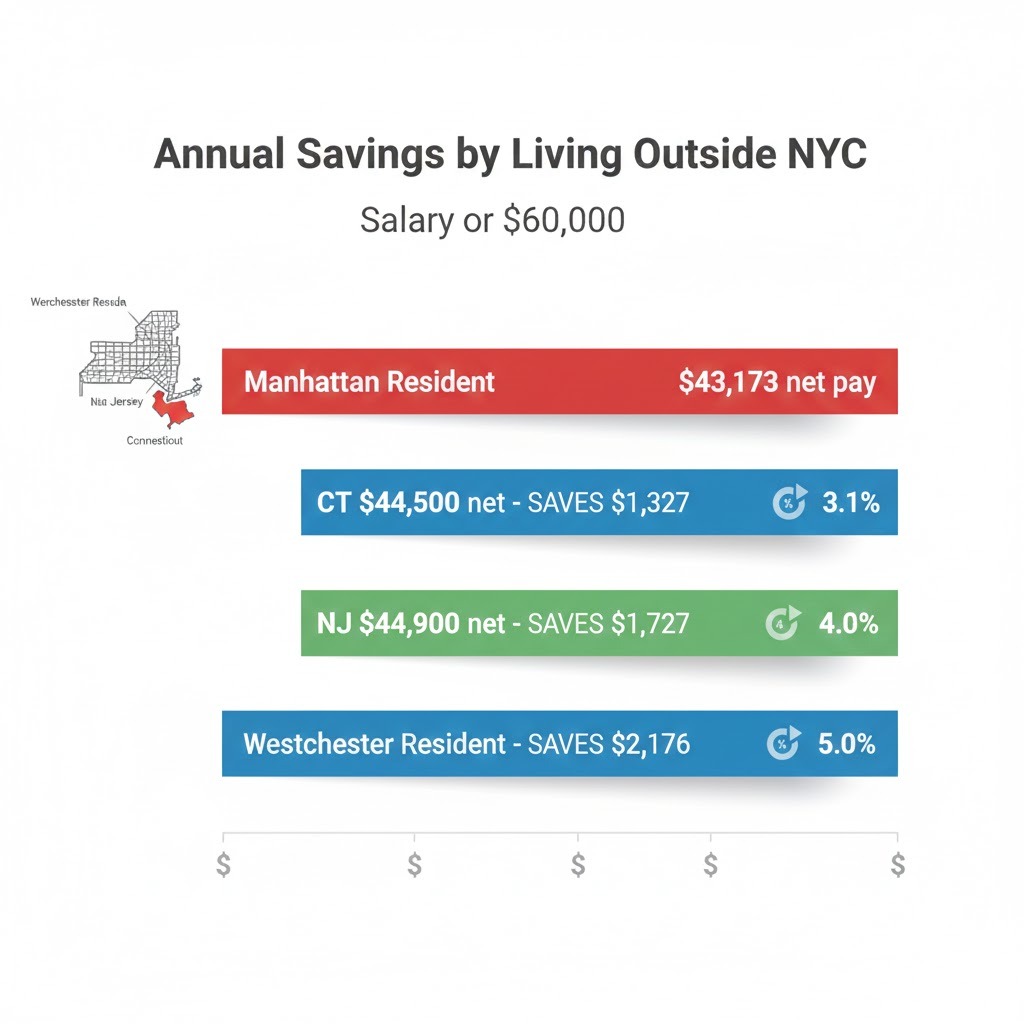 Tax comparison showing annual savings for NYC workers who live in Westchester, New Jersey, or Connecticut instead of NYC boroughs