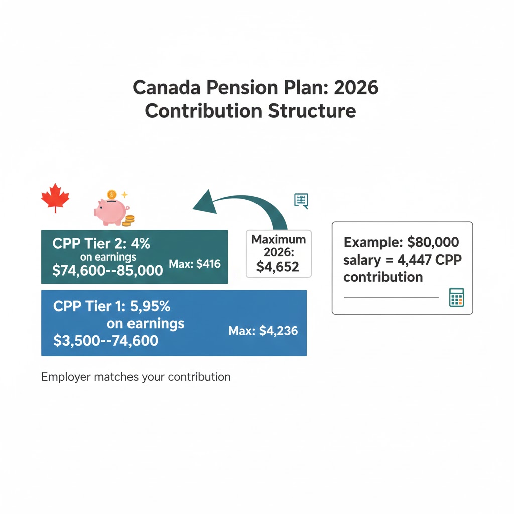 Ontario hourly to yearly salary calculator showing CPP two-tier contribution system with rates and maximum contributions for 2026