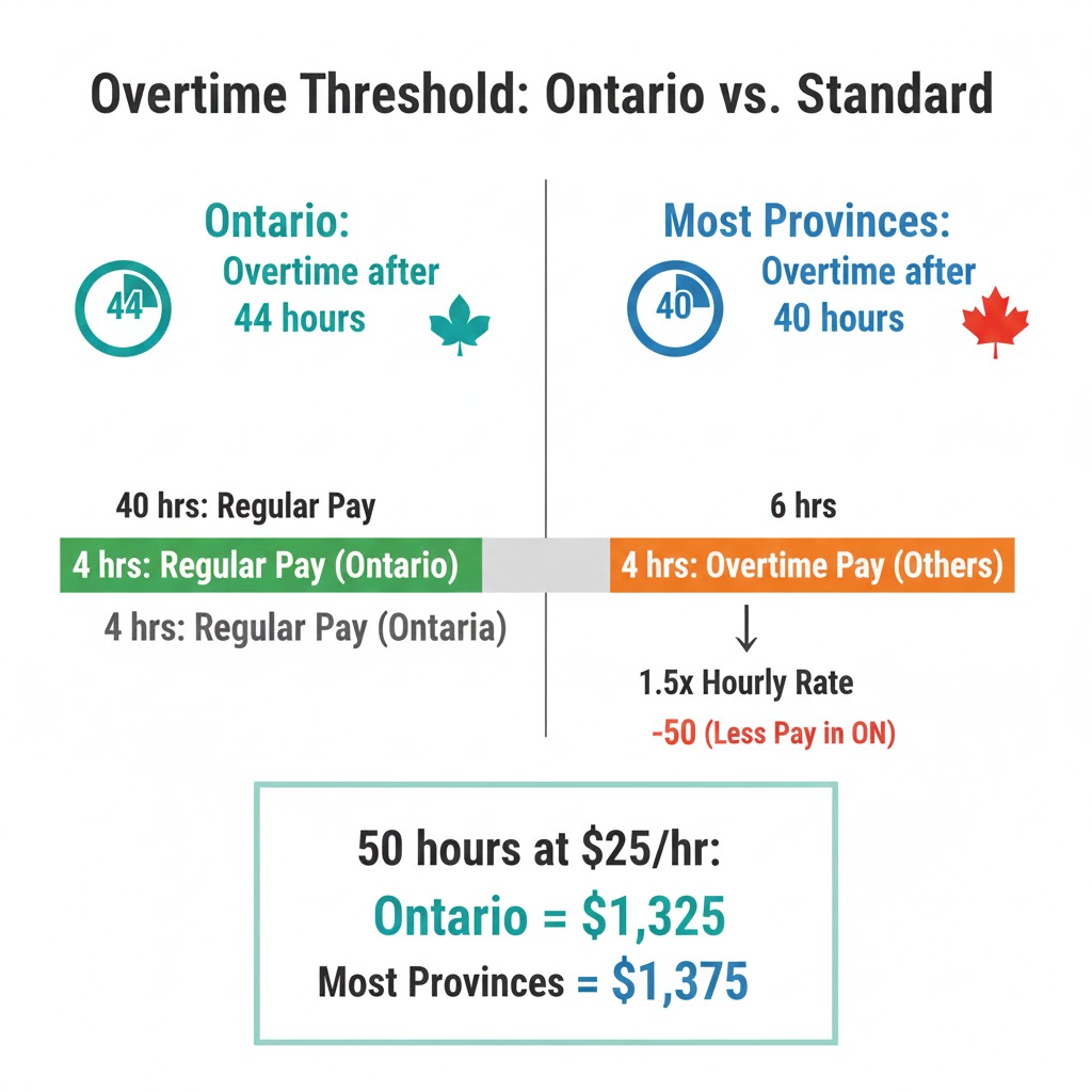 Ontario salary calculator showing unique 44-hour overtime threshold compared to standard 40-hour rule in other provinces