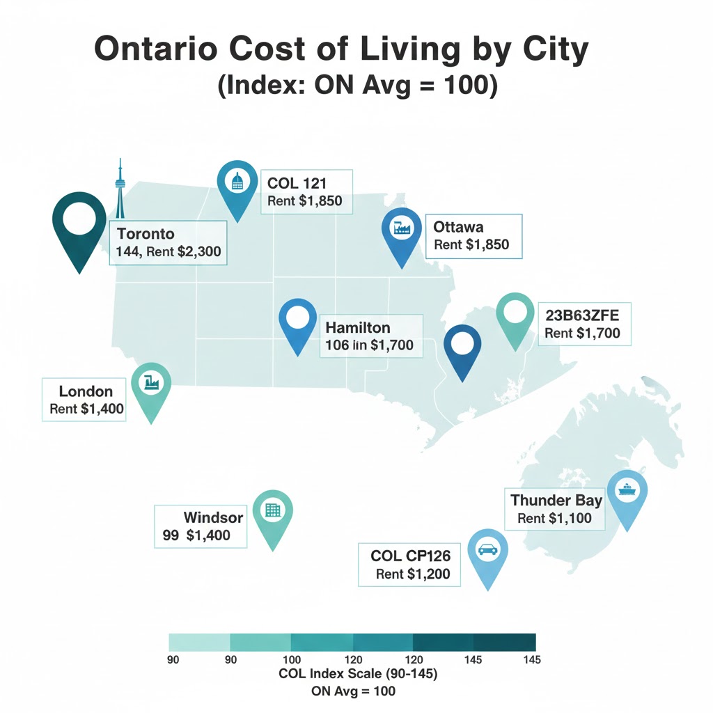 Ontario hourly to yearly salary calculator showing cost of living comparison between Toronto, Ottawa, Hamilton, London and other cities