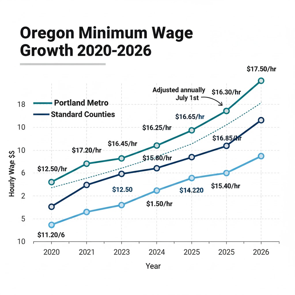 Oregon hourly to salary calculator showing minimum wage increases from 2020-2026 for all three regions with projected 2026 rates
