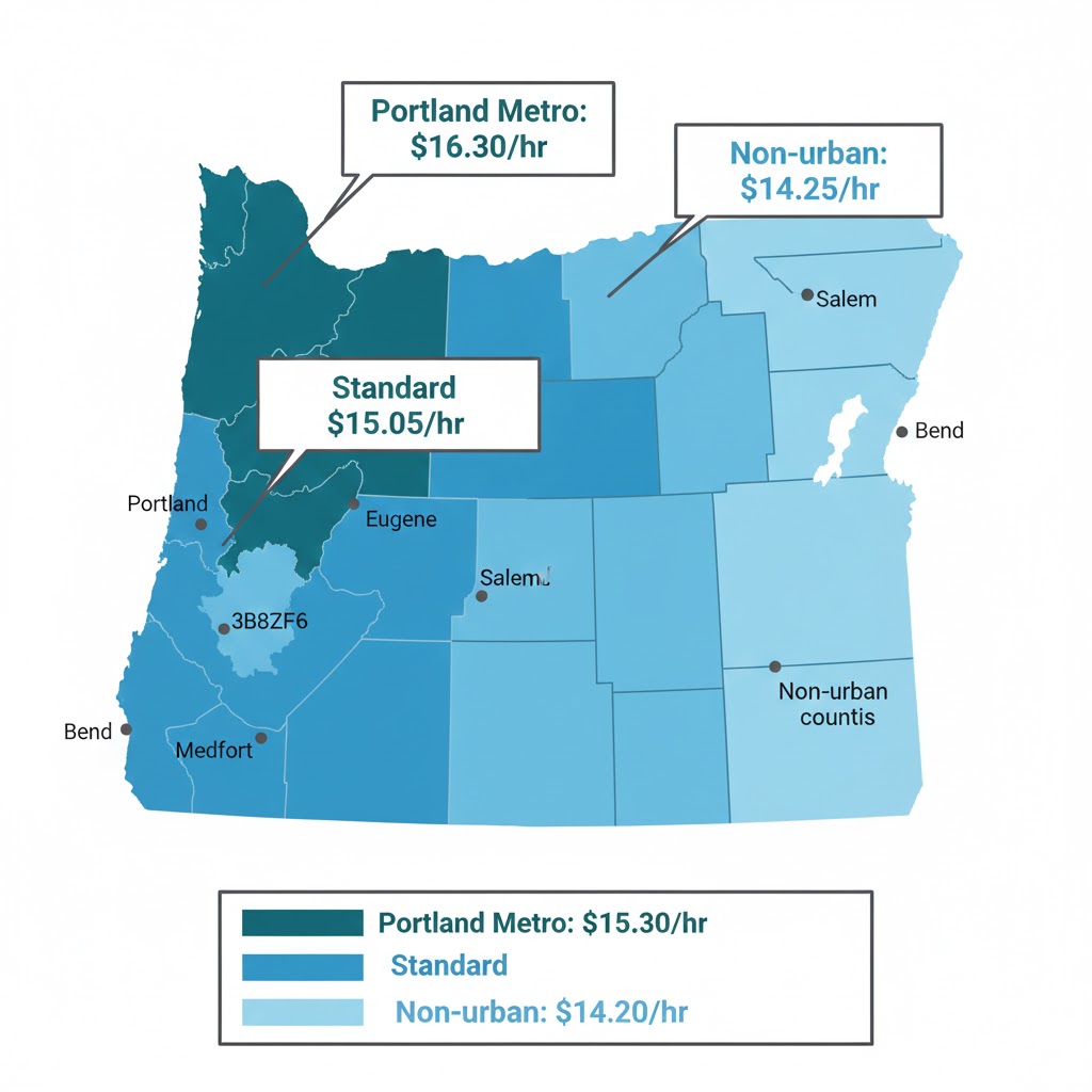 Oregon hourly to salary calculator map showing three-tier minimum wage system: Portland Metro $16.30, Standard $15.05, Non-urban $14.20 per hour