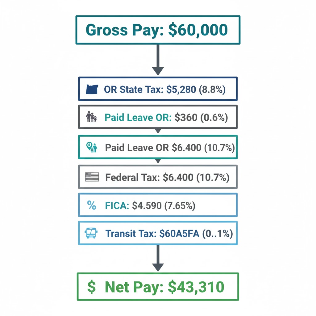 Oregon hourly to salary calculator showing Paid Leave Oregon deductions and state tax breakdown for typical worker