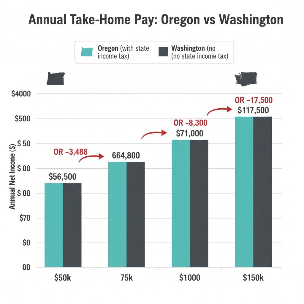 Oregon hourly to salary calculator comparison showing take-home pay differences between Oregon and Washington state at multiple income levels