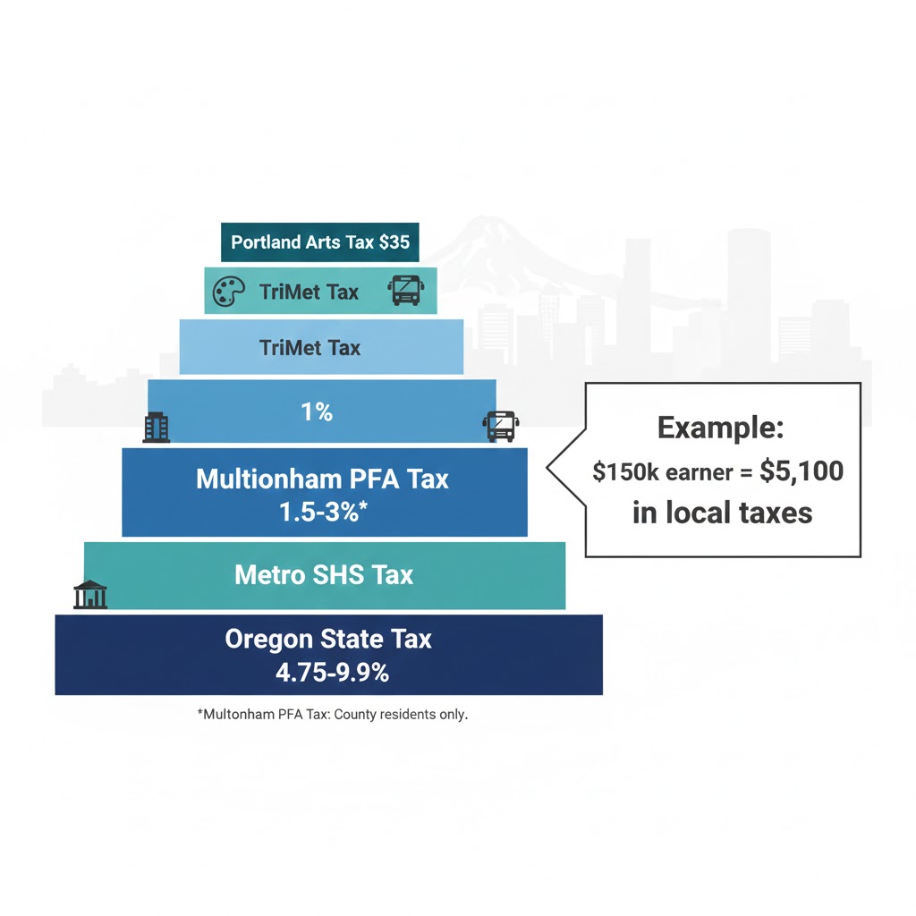 Portland Metro hourly to salary calculator showing additional local income taxes including Metro SHS, Multnomah PFA, TriMet and Arts Tax