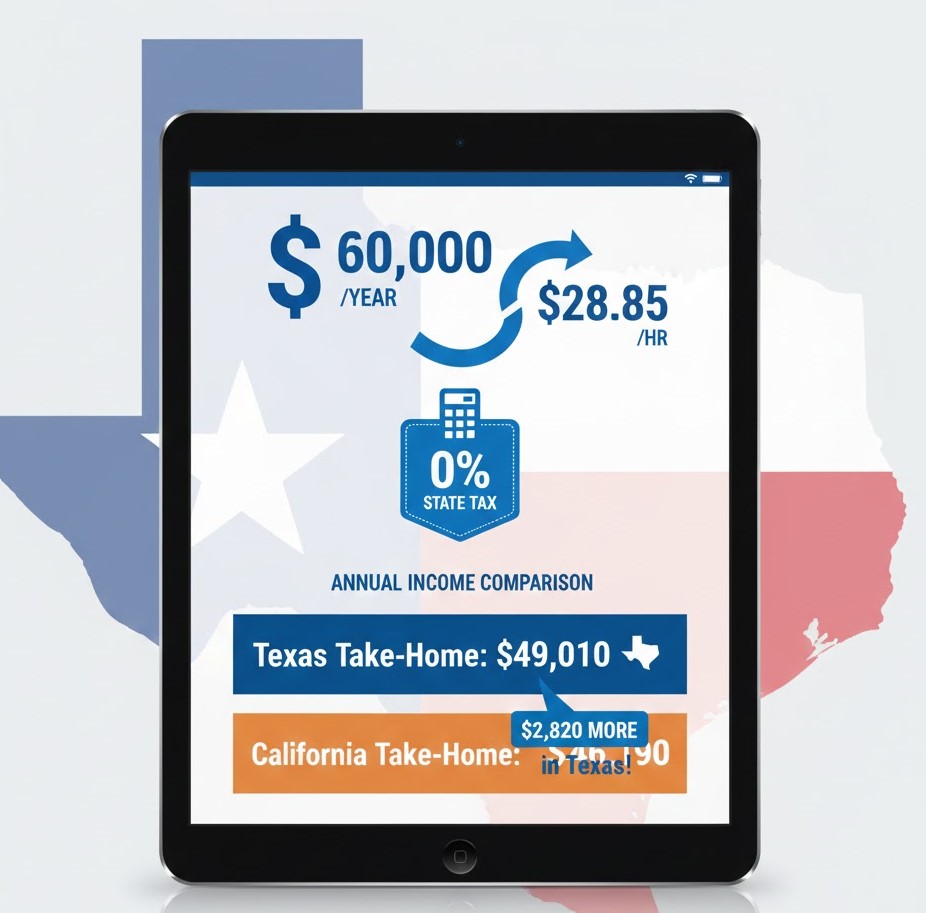 Salary to hourly calculator Texas showing conversion from $60,000 annual salary to hourly rate with zero state income tax advantage