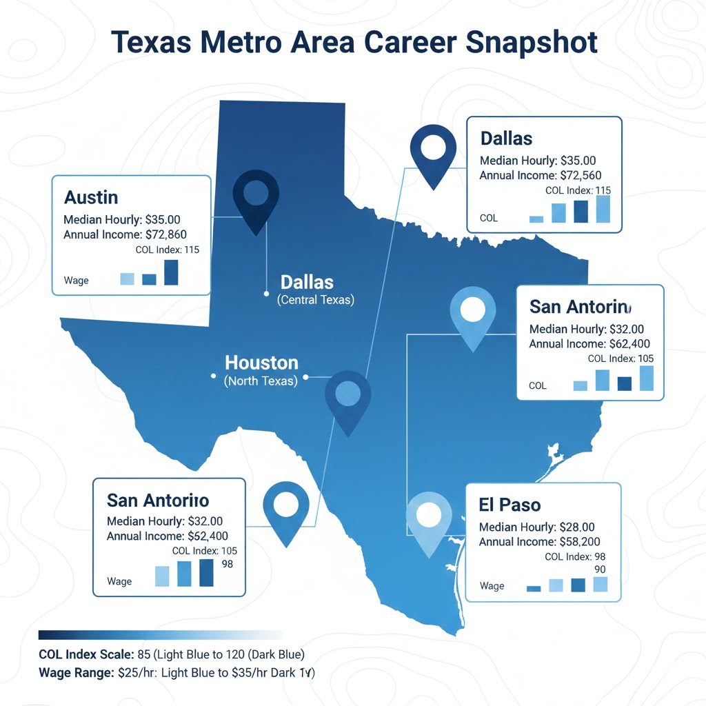 Texas salary calculator map showing median wages and cost of living index for major cities including Austin, Dallas, Houston, San Antonio, and El Paso