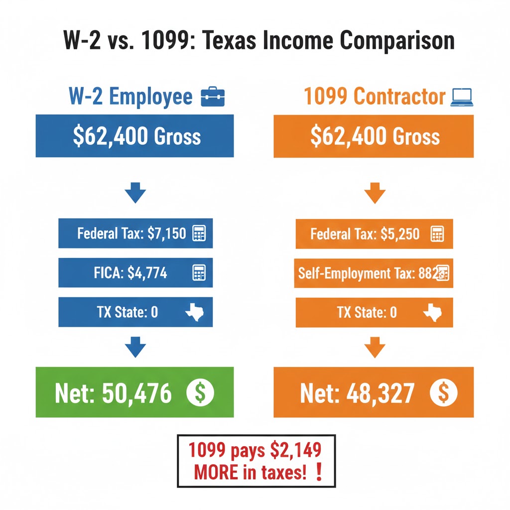 Texas salary to hourly calculator showing tax differences between W-2 employees and 1099 contractors with self-employment tax breakdown