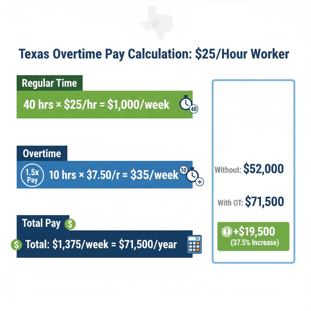 Texas hourly to salary calculator showing overtime pay breakdown at time-and-a-half rate with weekly and annual earnings comparison