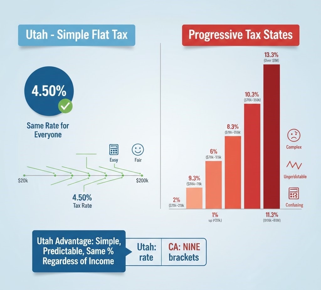 Infographic showing Utah's simple 4.50% flat income tax rate compared to progressive tax states with multiple brackets, highlighting predictability and ease of calculation"