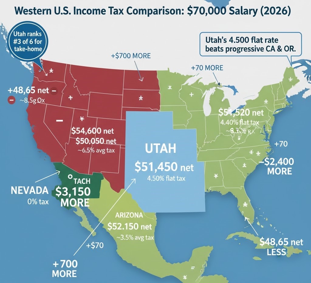 Regional map comparing $70,000 salary take-home pay in Utah versus California, Oregon, Colorado, Arizona, and Nevada showing tax rate differences and annual savings